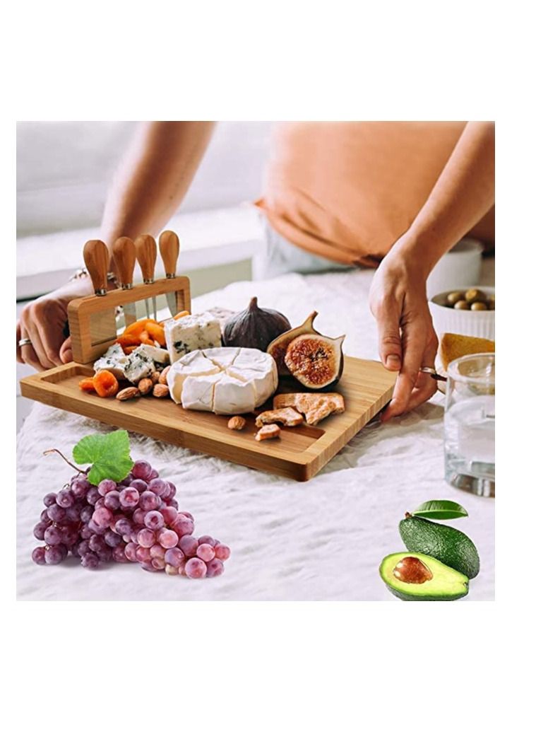 Bamboo Cheese Board Set, Charcuterie Platter and Serving Meat Board, Includes 4 Stainless Steel Knives and Serving Utensils