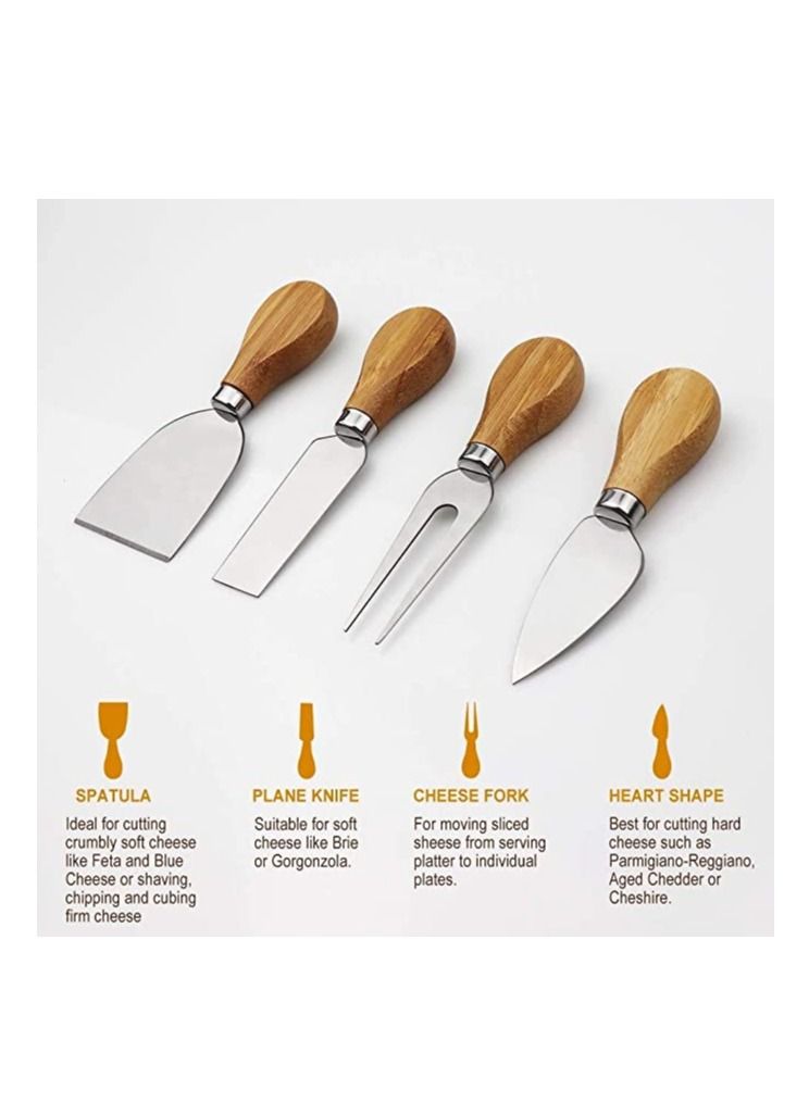 Bamboo Cheese Board Set, Charcuterie Platter and Serving Meat Board, Includes 4 Stainless Steel Knives and Serving Utensils