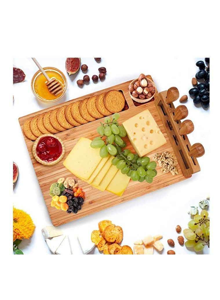 Bamboo Cheese Board Set, Charcuterie Platter and Serving Meat Board, Includes 4 Stainless Steel Knives and Serving Utensils