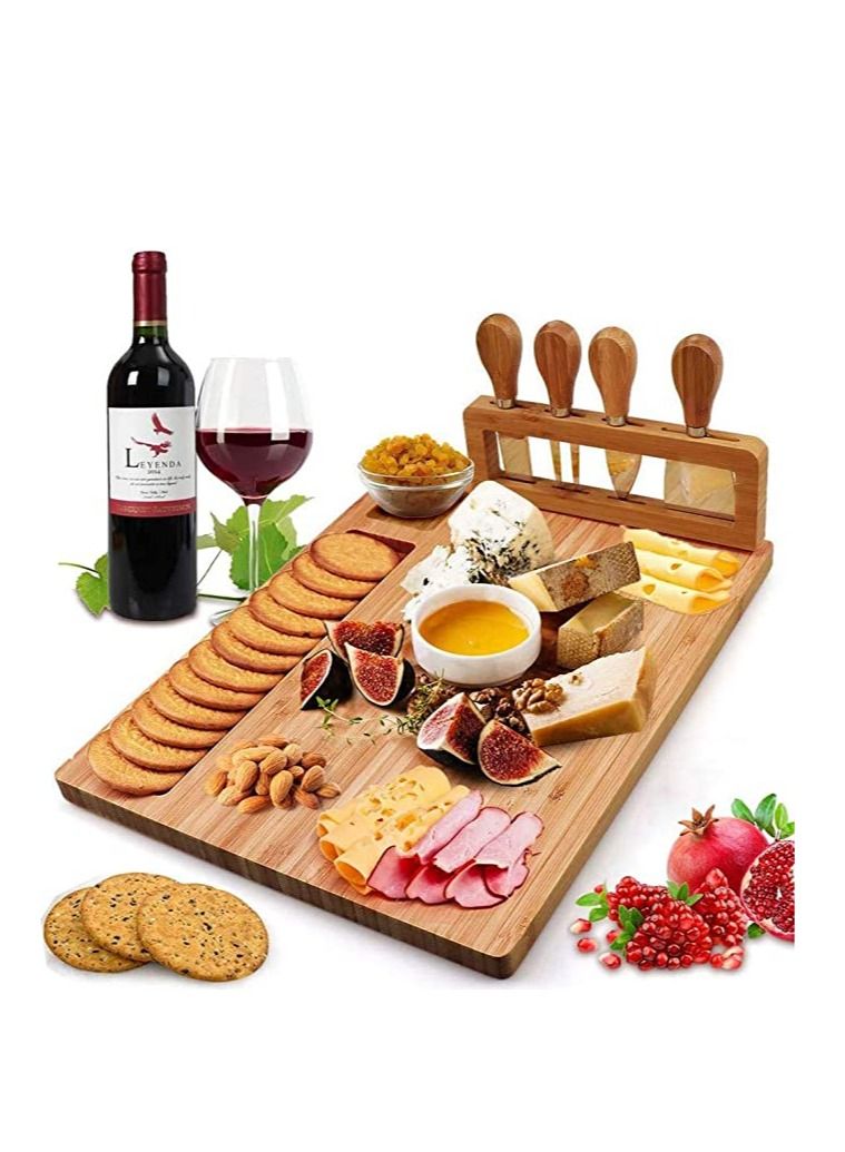 Bamboo Cheese Board Set, Charcuterie Platter and Serving Meat Board, Includes 4 Stainless Steel Knives and Serving Utensils