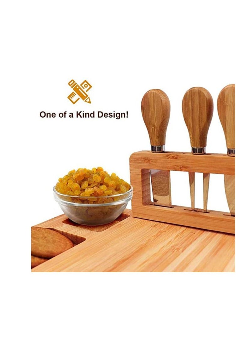 Bamboo Cheese Board Set, Charcuterie Platter and Serving Meat Board, Includes 4 Stainless Steel Knives and Serving Utensils
