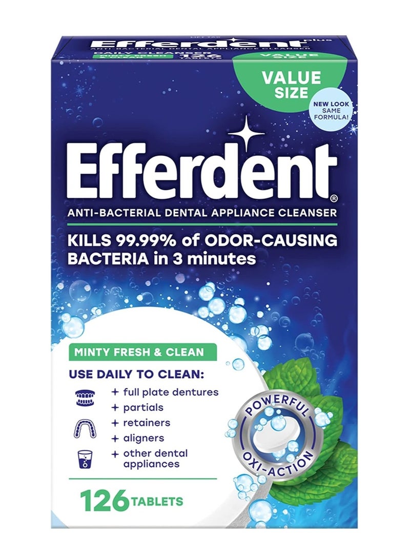 Efferdent Retainer Cleaning Tablets, Denture Cleaning Tablets for Dental Appliances, Minty Fresh & Clean, 126 Count