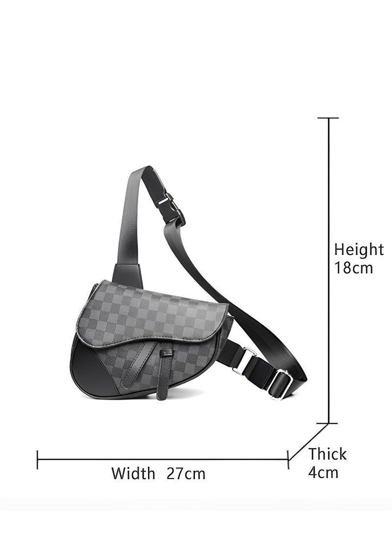 Skycare PU Leather Saddle Bag with Plaid Pattern, Crossbody Pack for Women Men Fashionable Belt Bag Travel Bags for All Outdoor & Indoor Activities