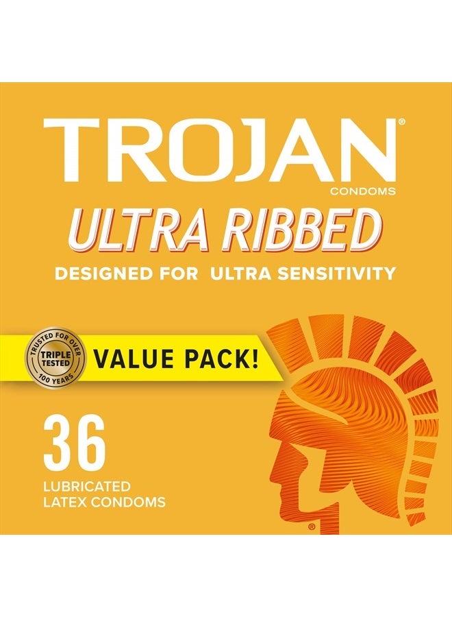 Trojan Ultra Ribbed Condoms For Ultra Stimulation, 36 Count, 1 Pack