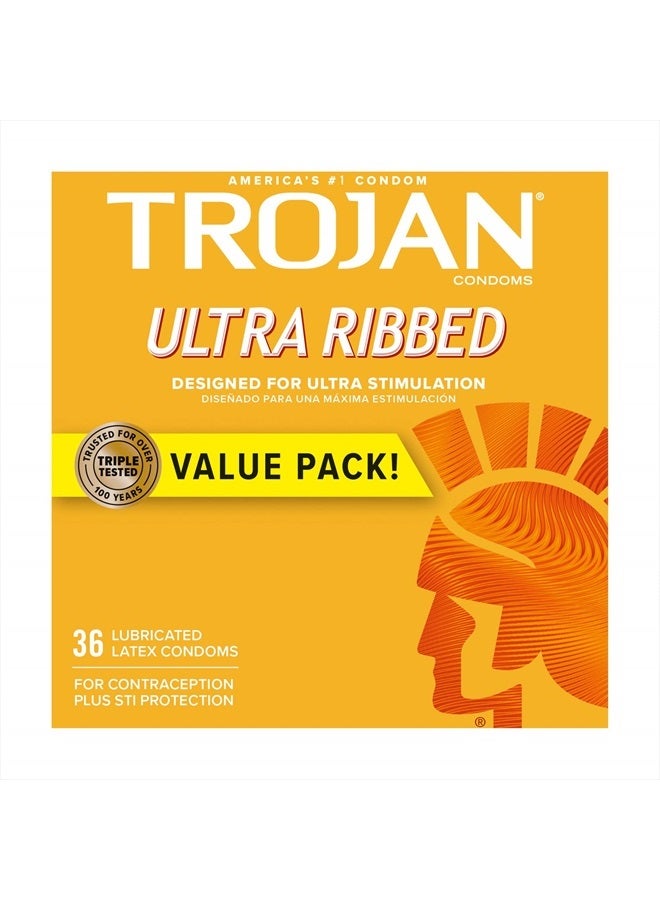 Trojan Ultra Ribbed Condoms For Ultra Stimulation, 36 Count, 1 Pack