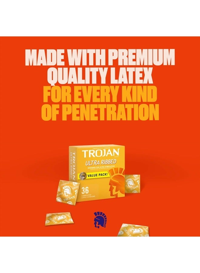 Trojan Ultra Ribbed Condoms For Ultra Stimulation, 36 Count, 1 Pack