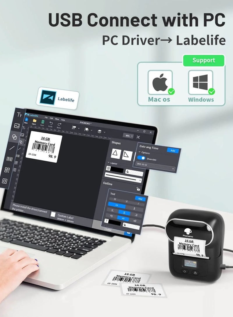 Label Maker Machine Phomemo M110 Portable Bluetooth Thermal Label Printer Sticker Maker Barcode Printer for Clothing Jewelry Retail Mailing Support Arabic and English For iOS & Android