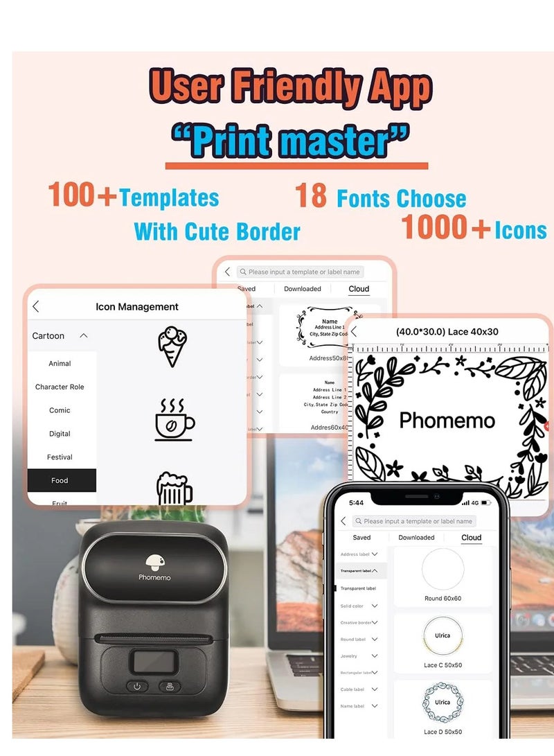 Label Maker Machine Phomemo M110 Portable Bluetooth Thermal Label Printer Sticker Maker Barcode Printer for Clothing Jewelry Retail Mailing Support Arabic and English For iOS & Android