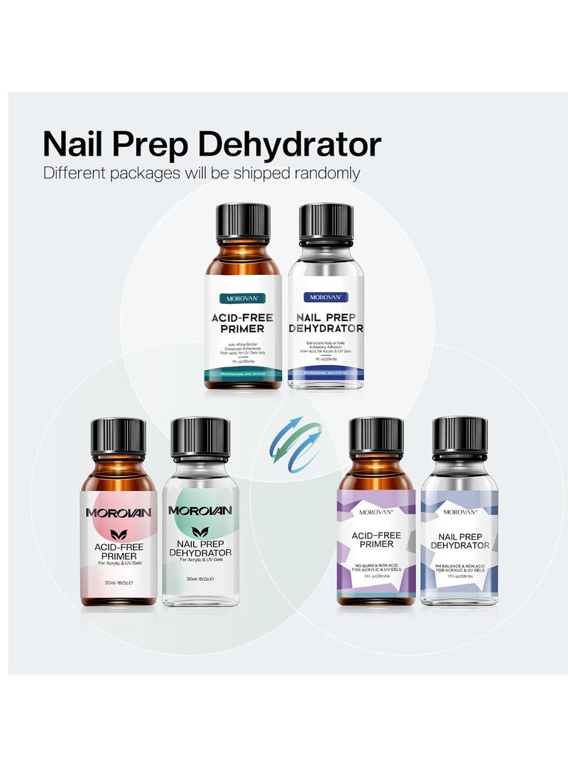 Morovan Nail Primer And Natural Nail Prep Dehydrate Set, Nail Dehydrator and Primer, Fast Air Dry For Gel Polish & Acrylic Powder, Gel Nail Primer and Dehydrator 30ml / 1oz Packaging may vary