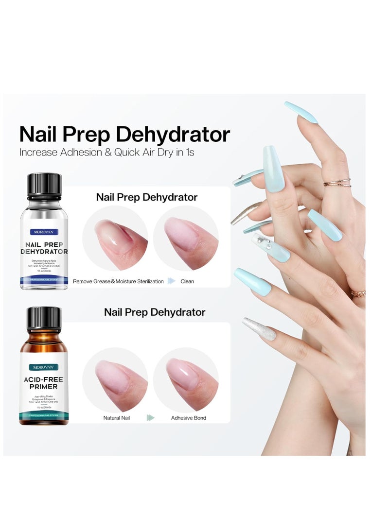 Morovan Nail Primer And Natural Nail Prep Dehydrate Set, Nail Dehydrator and Primer, Fast Air Dry For Gel Polish & Acrylic Powder, Gel Nail Primer and Dehydrator 30ml / 1oz Packaging may vary