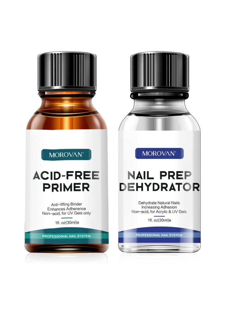 Morovan Nail Primer And Natural Nail Prep Dehydrate Set, Nail Dehydrator and Primer, Fast Air Dry For Gel Polish & Acrylic Powder, Gel Nail Primer and Dehydrator 30ml / 1oz Packaging may vary