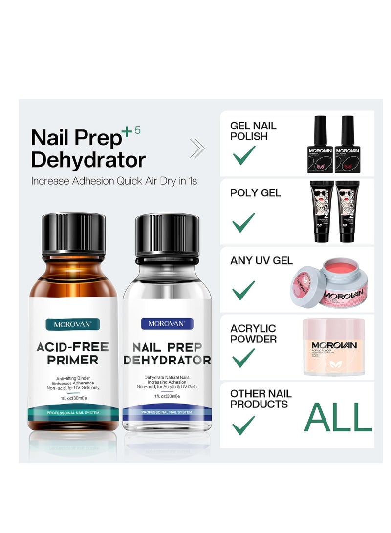 Morovan Nail Primer And Natural Nail Prep Dehydrate Set, Nail Dehydrator and Primer, Fast Air Dry For Gel Polish & Acrylic Powder, Gel Nail Primer and Dehydrator 30ml / 1oz Packaging may vary