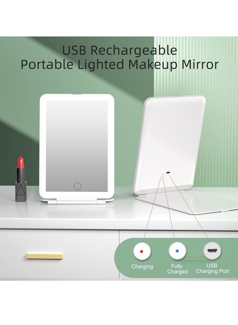 FUNTOUCH Rechargeable Travel Makeup Vanity Mirror with 72 LED Lights, Portable Lighted Beauty Mirror, 3 Lighting Modes, Dimmable Touch Screen, Tabletop Folding Cosmetic Mirror with Storage Bag