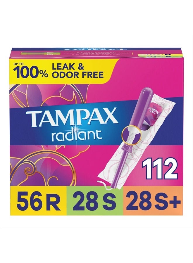 Radiant Tampons Multipack, Regular/Super/Super Plus Absorbency, With Leakguard Braid, Unscented, 28 Count x 4 Packs (112 Count total)