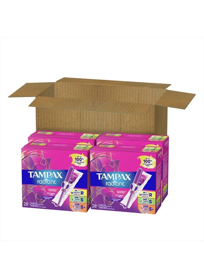 Radiant Tampons Multipack, Regular/Super/Super Plus Absorbency, With Leakguard Braid, Unscented, 28 Count x 4 Packs (112 Count total)