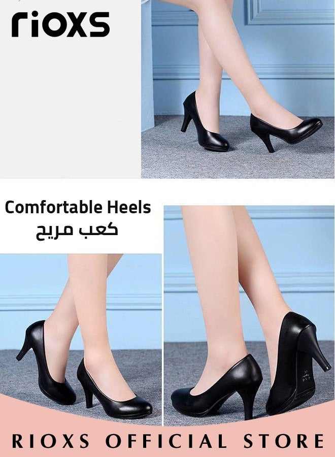 Women's Heeled Shoe, Round Closed Toe Chunky Heels For Women, Comfortable Block Dress Shoes With 6cm High Heel, Ladies Platform High Heels Pumps Shoes,Classic Heeled Shoes For Wedding Party Prom Or Office Work Business Formal Occasions