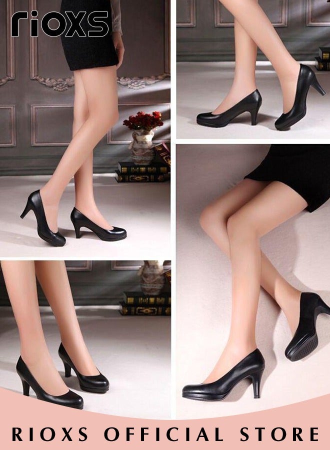 Women's Heeled Shoe, Round Closed Toe Chunky Heels For Women, Comfortable Block Dress Shoes With 6cm High Heel, Ladies Platform High Heels Pumps Shoes,Classic Heeled Shoes For Wedding Party Prom Or Office Work Business Formal Occasions