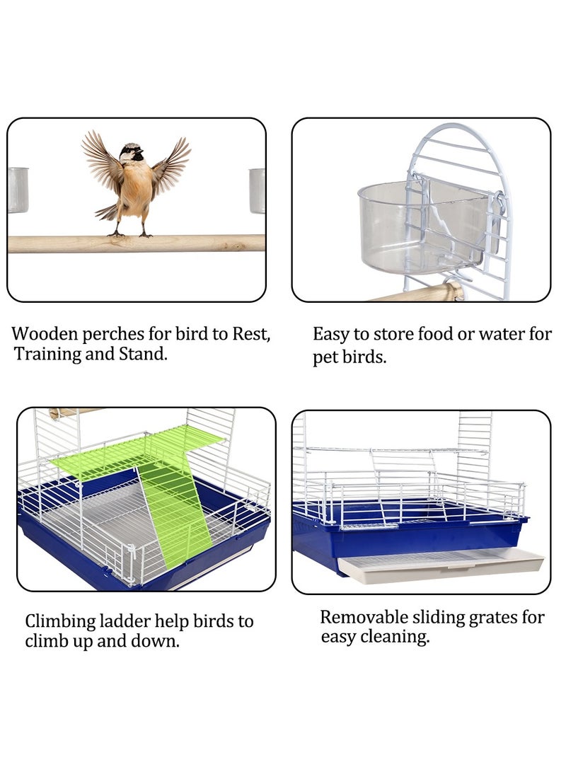 Bird stand cage with wooden perch, feeding bowls, and removable tray, Portable bird playground for small and medium birds, Open design metal bird cage 46 cm (Blue)