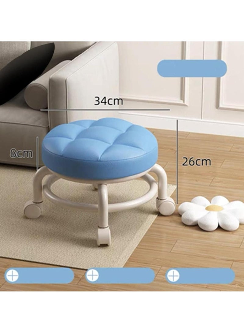 Household Rolling Stool Round Pulley Low Stool Household Pu Leather Rolling Stool 360° Universal Wheel Movable Soft Stool Small Changing Shoe Stool