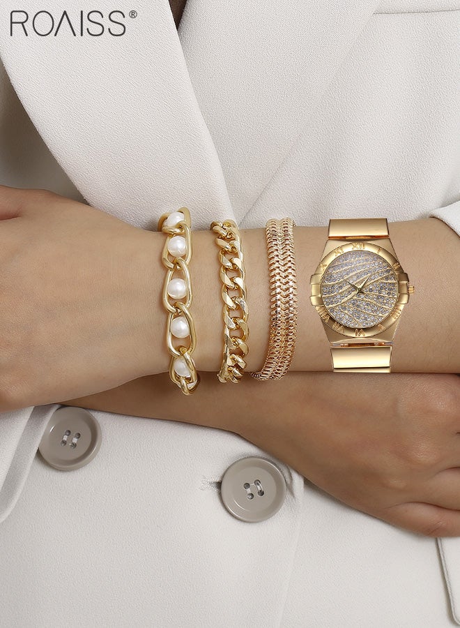 4PCS Women's Alloy Strap Bracelet Watch Set, Analog Display Round Dial Zirconium Diamonds Decorated Quartz Watch with 3 Bracelets, Elegant Watch Set for Ladies