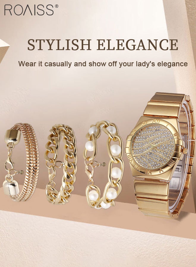 4PCS Women's Alloy Strap Bracelet Watch Set, Analog Display Round Dial Zirconium Diamonds Decorated Quartz Watch with 3 Bracelets, Elegant Watch Set for Ladies
