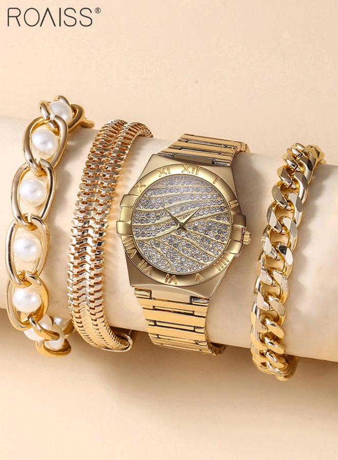 4PCS Women's Alloy Strap Bracelet Watch Set, Analog Display Round Dial Zirconium Diamonds Decorated Quartz Watch with 3 Bracelets, Elegant Watch Set for Ladies