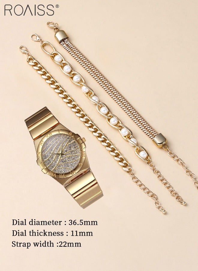 4PCS Women's Alloy Strap Bracelet Watch Set, Analog Display Round Dial Zirconium Diamonds Decorated Quartz Watch with 3 Bracelets, Elegant Watch Set for Ladies