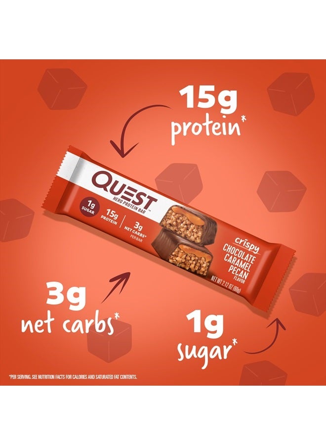 Crispy Chocolate Caramel Pecan Hero Protein Bar, 15g Protein, 1g Sugar, 3g Net Carb, Gluten Free, Keto Friendly, 12 Count