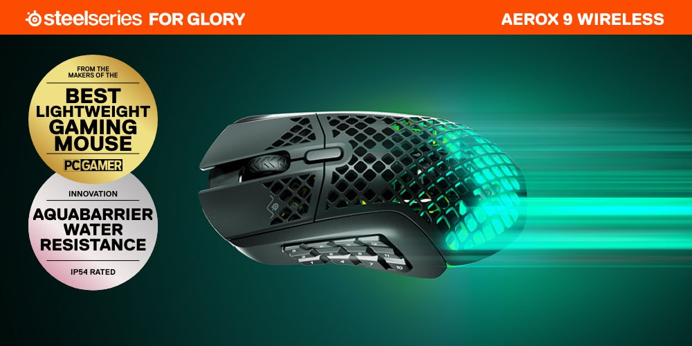 Aerox 9 Wireless Gaming Mouse, 40G Acceleration, 18000 in 100 CPI Increments, Ultra Lightweight, 3 RGB Zone, IP54 Water Resistance, Bluetooth 5.0,180H Battery Life, USB-C, Onyx | 62618