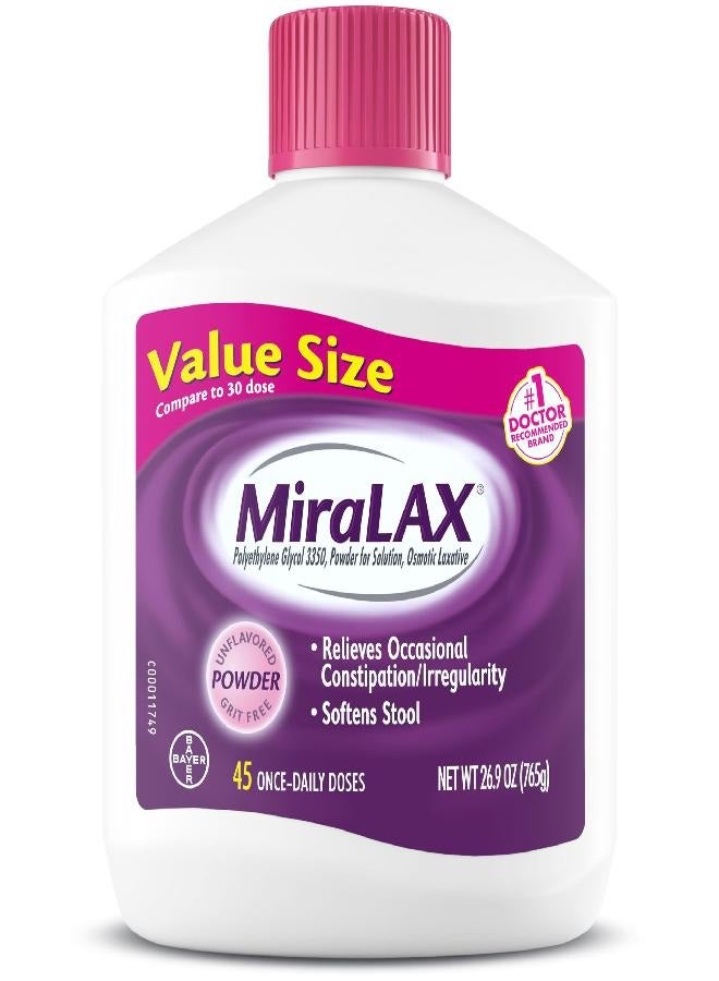 MiraLAX Gentle Constipation Relief Laxative Powder, Stool Softener with PEG 3350, Works Naturally with Water in Your Body, No Harsh Side Effects, Osmotic Laxative, #1 Physician Recommended, 45 Dose