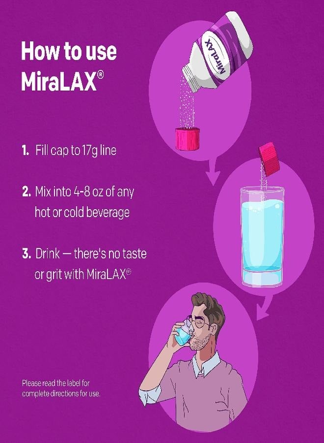 MiraLAX Gentle Constipation Relief Laxative Powder, Stool Softener with PEG 3350, Works Naturally with Water in Your Body, No Harsh Side Effects, Osmotic Laxative, #1 Physician Recommended, 45 Dose