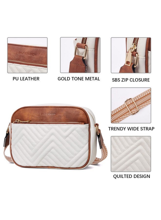 Quilted Crossbody Bags For Women Vegan Leather Purses Small Shoulder Handbags With Wide Strap Beige With Brown