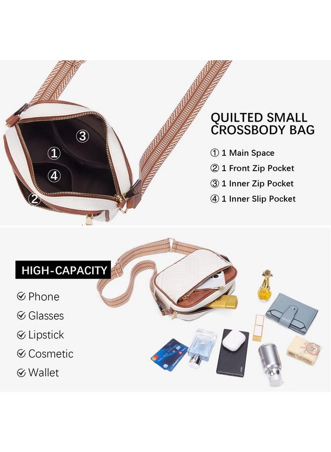 Quilted Crossbody Bags For Women Vegan Leather Purses Small Shoulder Handbags With Wide Strap Beige With Brown
