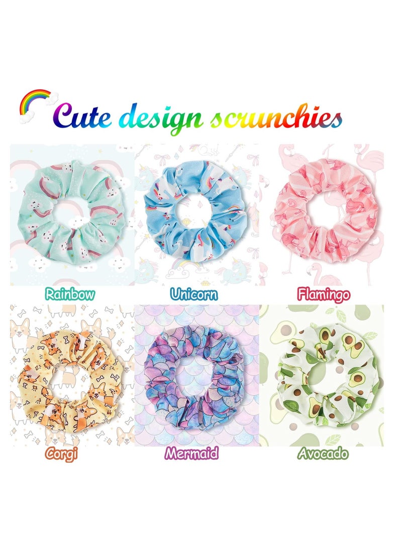 16 Pieces Cute Hair Scrunchies Kawaii Colorful Hair Scrunchies Cute Unicorn Rainbow Mermaid Dog Printing Hair Scrunchy Ponytail Holder Hair Ties Accessories for Women and Girls (Classic Style)