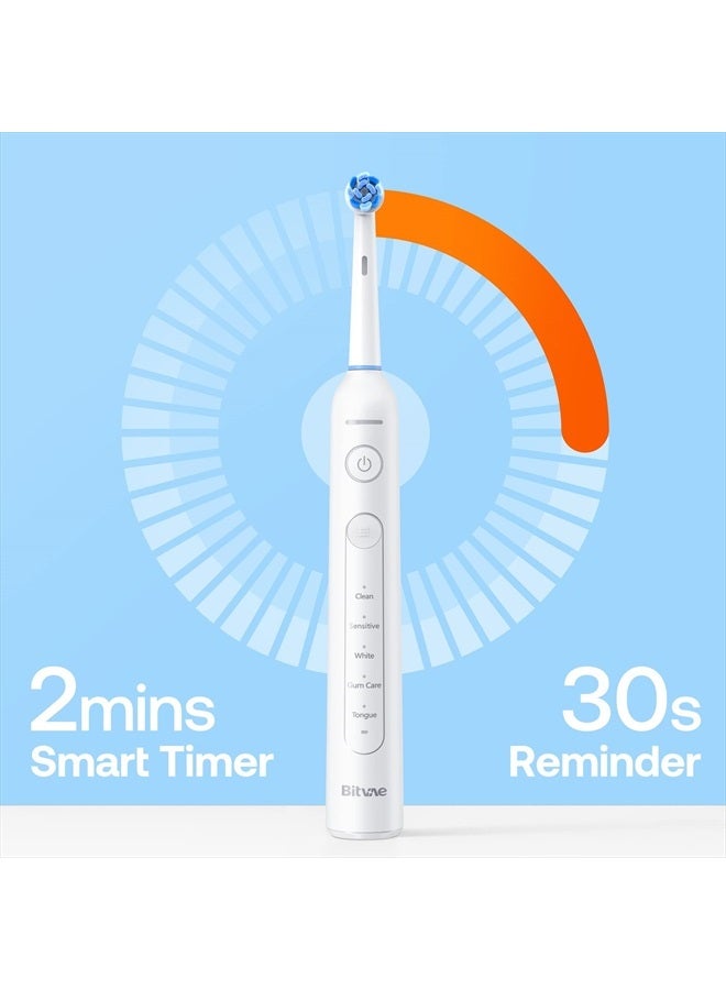 R2 Rotating Electric Toothbrush for Adults with 8 Brush Heads, 5 Modes Rechargeable Power Toothbrush with Pressure Sensor, White