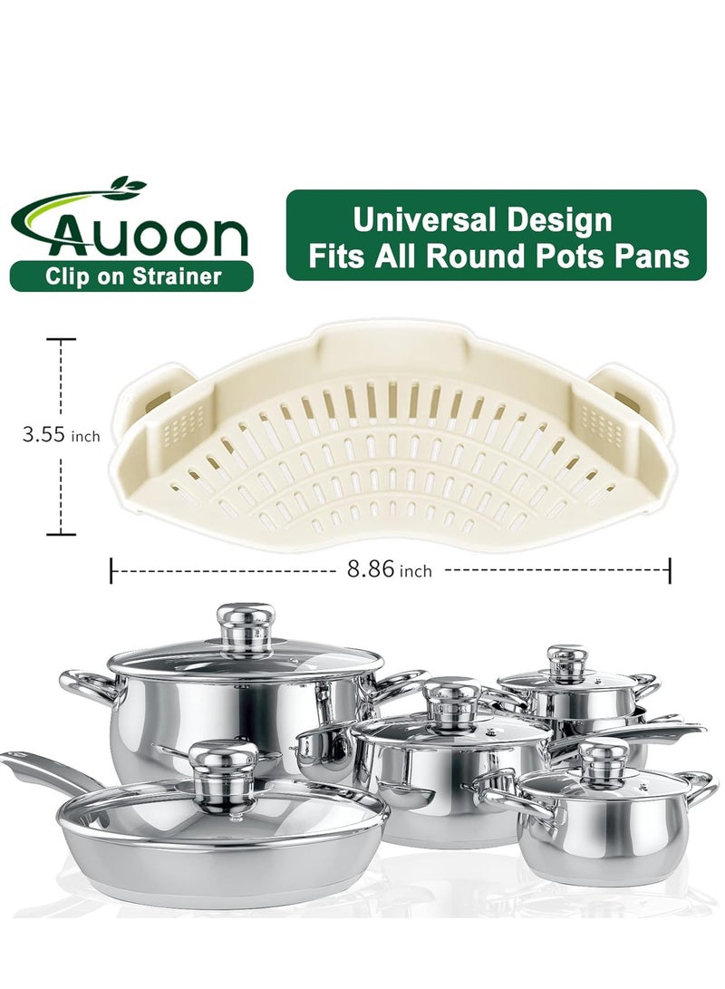 AUOON Clip On Strainer Silicone for All Pots and Pans, Pasta Strainer Clip on Food Strainer for Meat Vegetables Fruit Silicone Kitchen Colander (White)