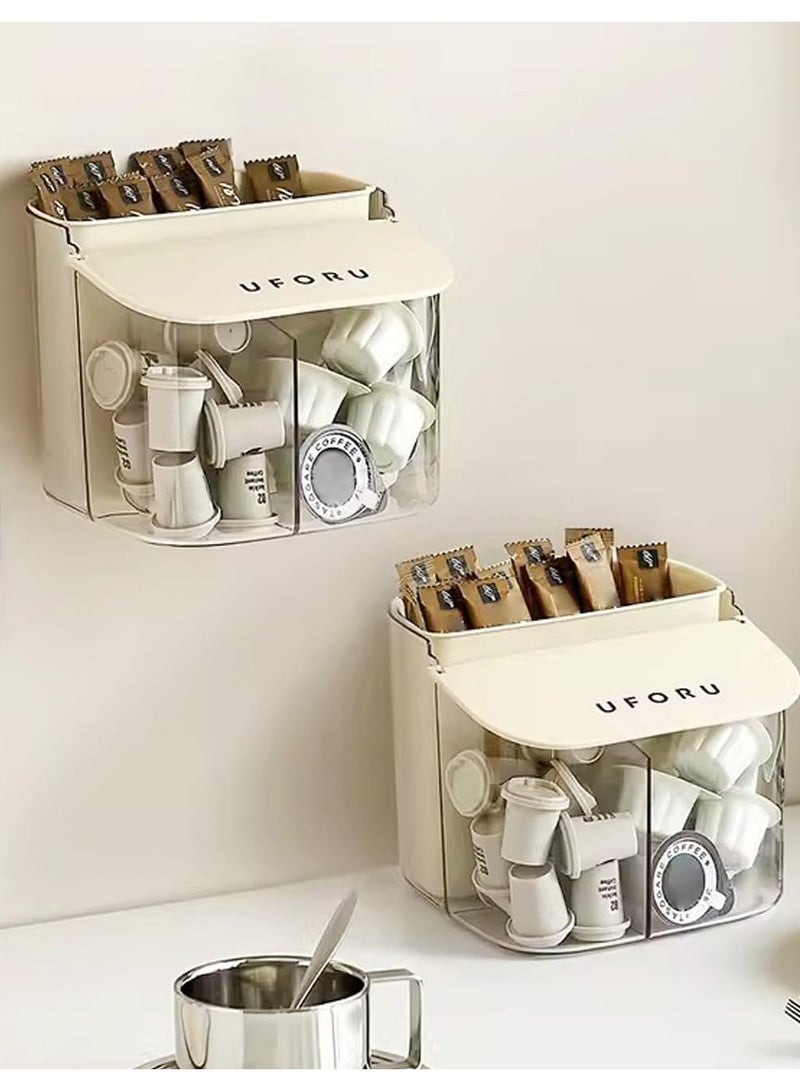 Wall Mounted Coffee Capsult Holders, Plastic Coffee Pod Holder Clear Coffee Capsule Storage Organizer with Lid Coffee Bar Accessories Basket for Tea Bags Creamer Sugar Bags