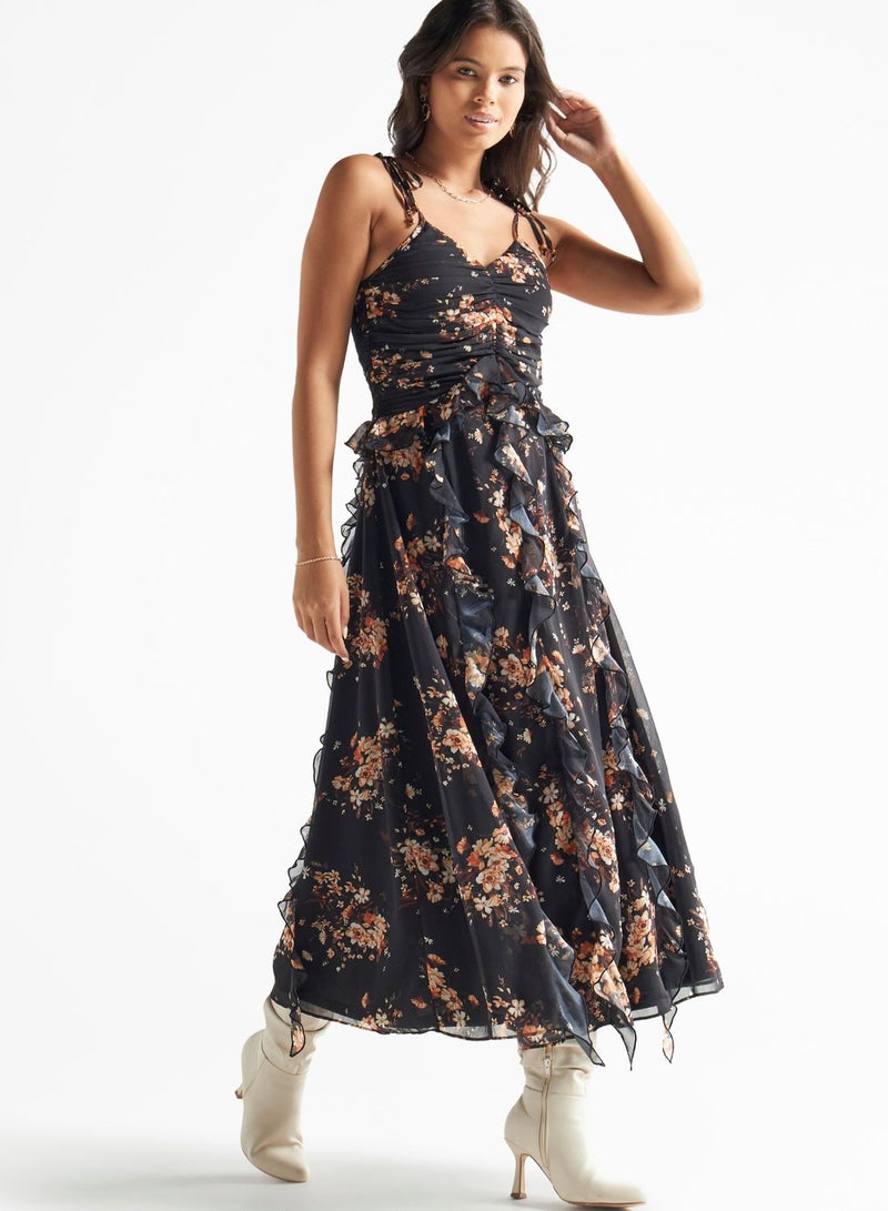 Floral Print Strappy Ruched Dress