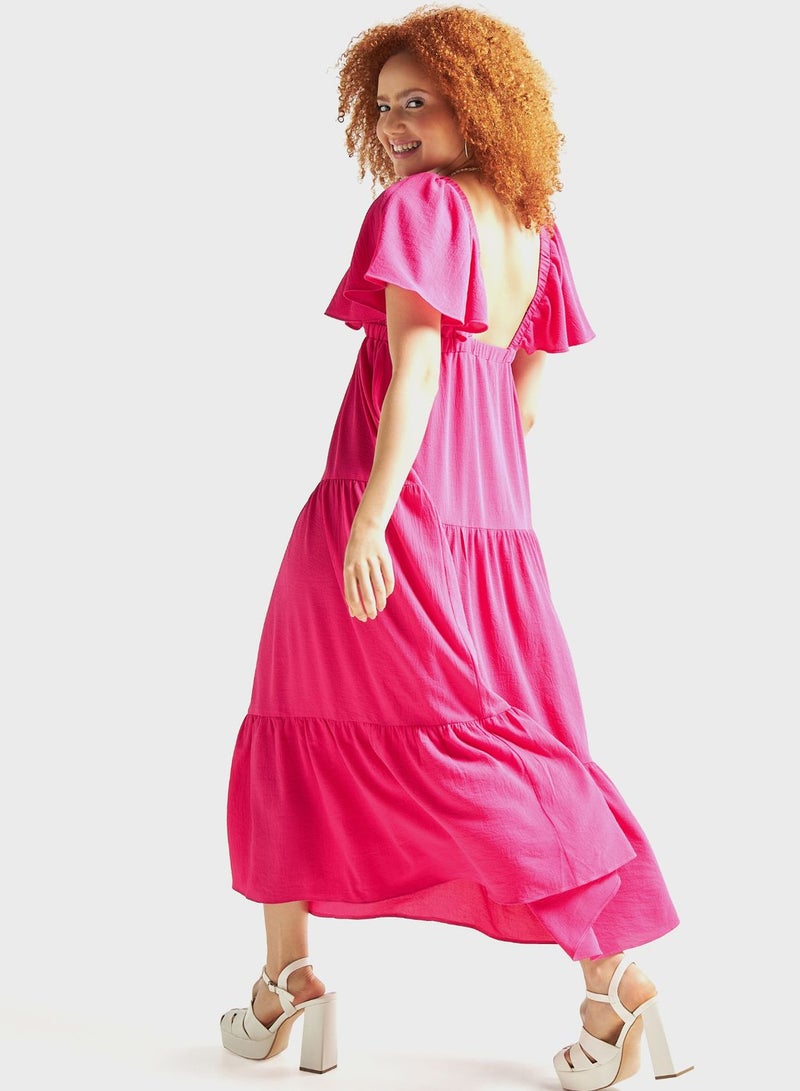 Plunge Neck Tiered Dress