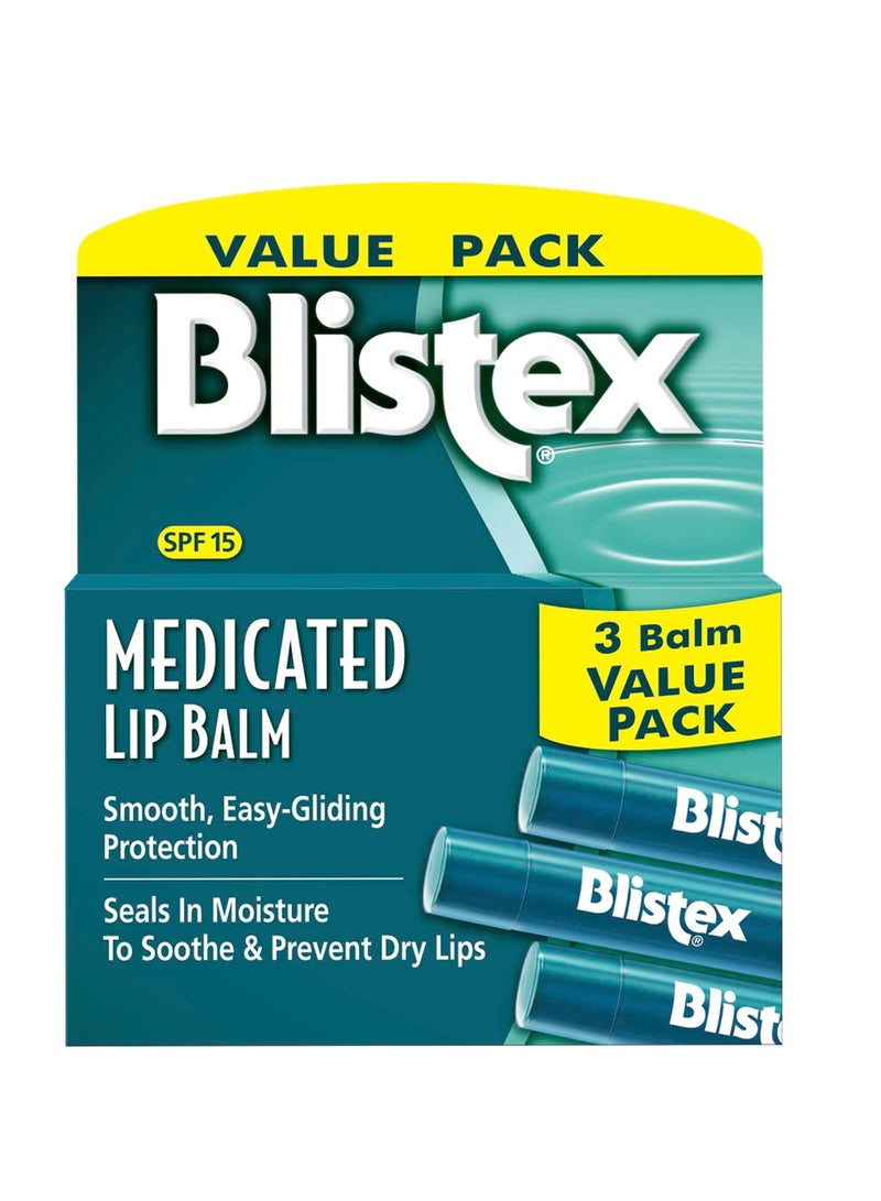Blistex Medicated Lip Balm, 0.15 Ounce, 3 Count (Pack of 1) Prevent Dryness & Chapping, SPF 15 Sun Protection, Seals in Moisture, Hydrating Lip Balm, Easy Glide Formula for Full Coverage
