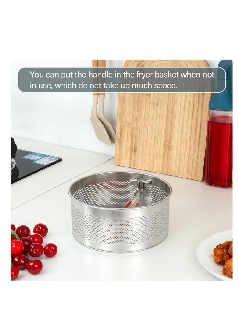 Deep Fryer Basket Round Stainless Steel Frying Basket with Long and Foldable Heat Resistant Silicone Handle for Frying French Fries Chickens Boiling Pasta Potatoes