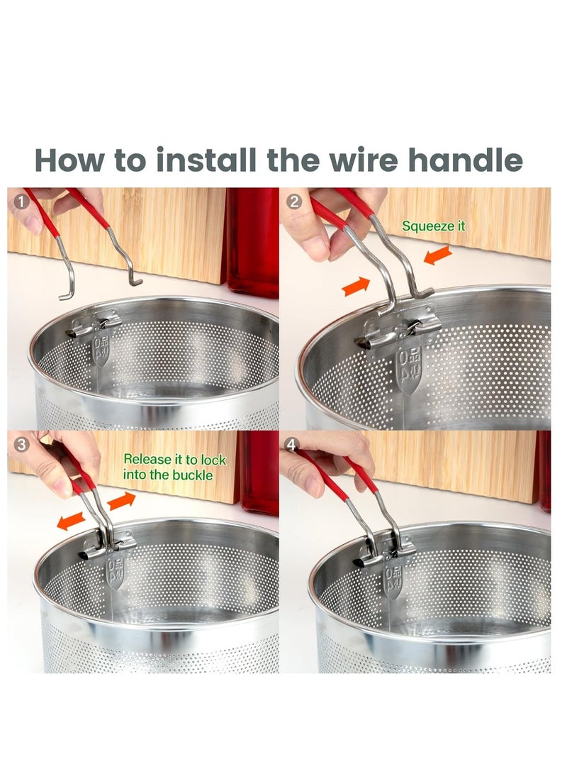 Deep Fryer Basket Round Stainless Steel Frying Basket with Long and Foldable Heat Resistant Silicone Handle for Frying French Fries Chickens Boiling Pasta Potatoes