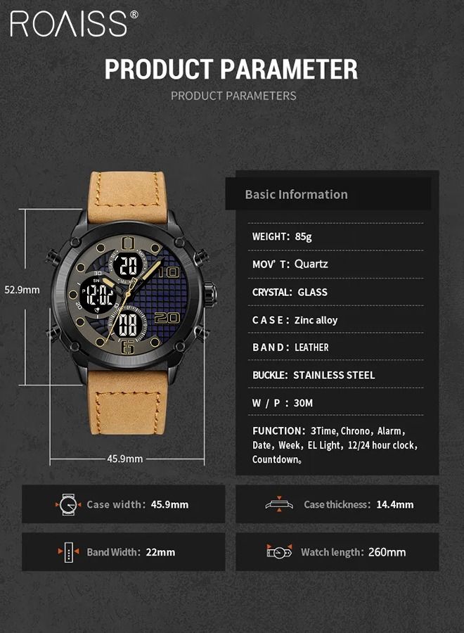 Men's Analog Digital Dual Display Sports Watch Multifunctional Waterproof Luminous Leather Strap Electronic Quartz Wristwatch with Alarm Stopwatch Backlight 12H/24H for Outdoor Activities