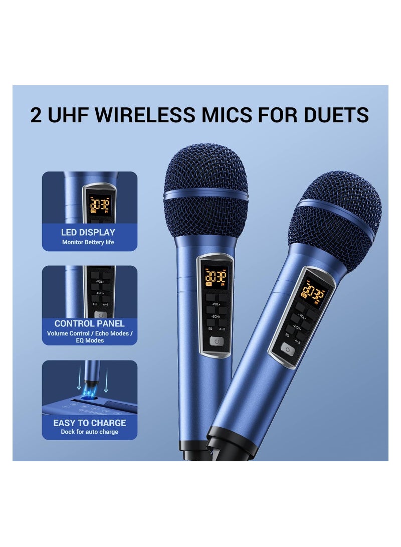 Karaoke Machine Bluetooth PA System with 2 Microphones, vocal Microphone, Party Machine Speaker with Wireless Microphones, Music Box with LED Light AUX, USB, TF, PA System for Adults Children