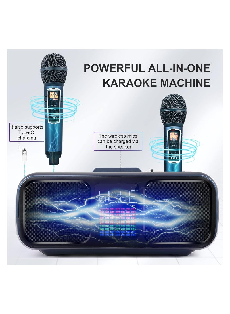 Karaoke Machine Bluetooth PA System with 2 Microphones, vocal Microphone, Party Machine Speaker with Wireless Microphones, Music Box with LED Light AUX, USB, TF, PA System for Adults Children