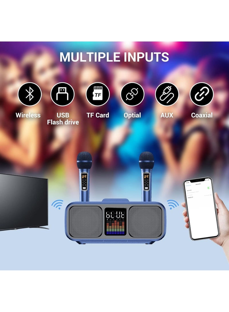 Karaoke Machine Bluetooth PA System with 2 Microphones, vocal Microphone, Party Machine Speaker with Wireless Microphones, Music Box with LED Light AUX, USB, TF, PA System for Adults Children