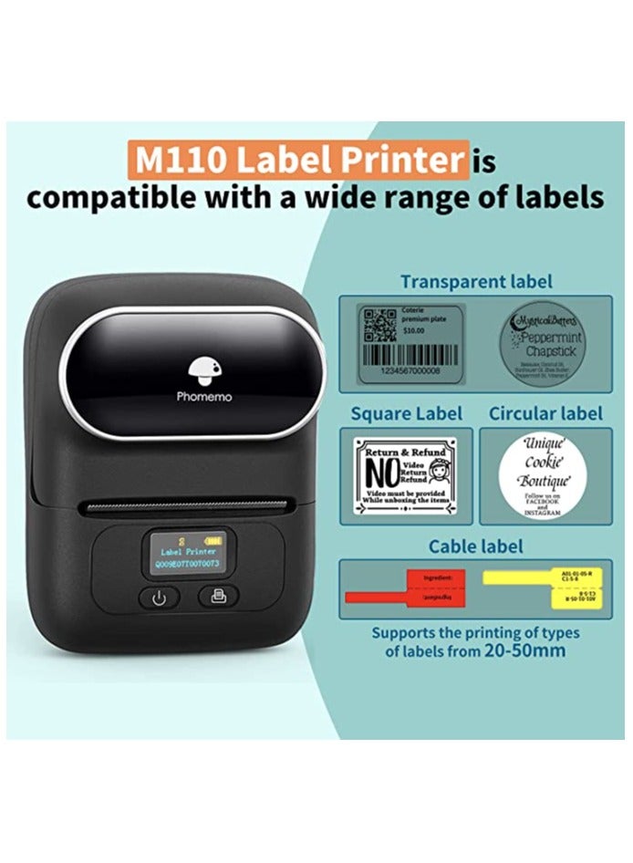 Phomemo M110 Portable Thermal Label Printer Bluetooth Connection Apply For Labeling Shipping Office Cable Retail Barcode And More Black