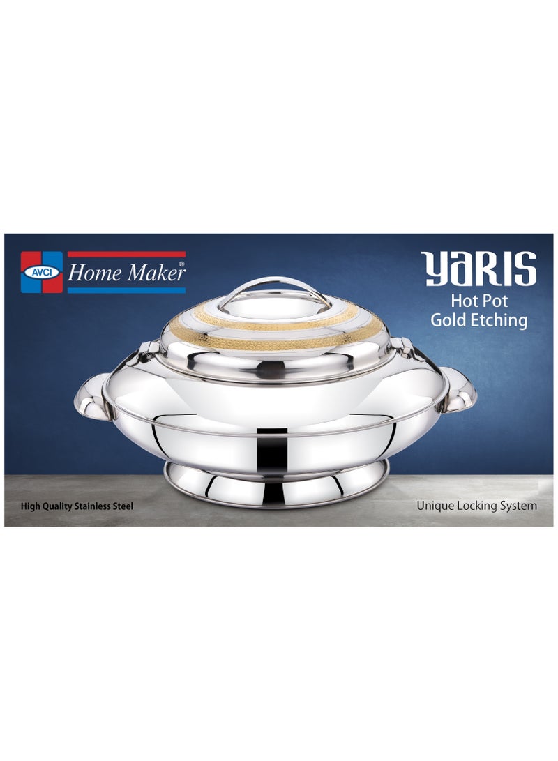 Yaris Hotpot 7500ml Capacity - Unique Locking Lid - High Quality Stainless Steel -  Gold Etching & Silver