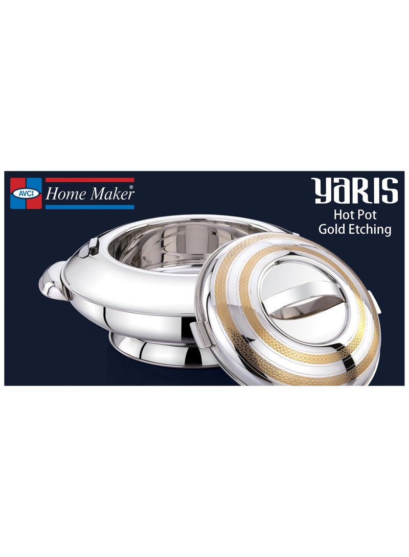 Yaris Hotpot 7500ml Capacity - Unique Locking Lid - High Quality Stainless Steel -  Gold Etching & Silver