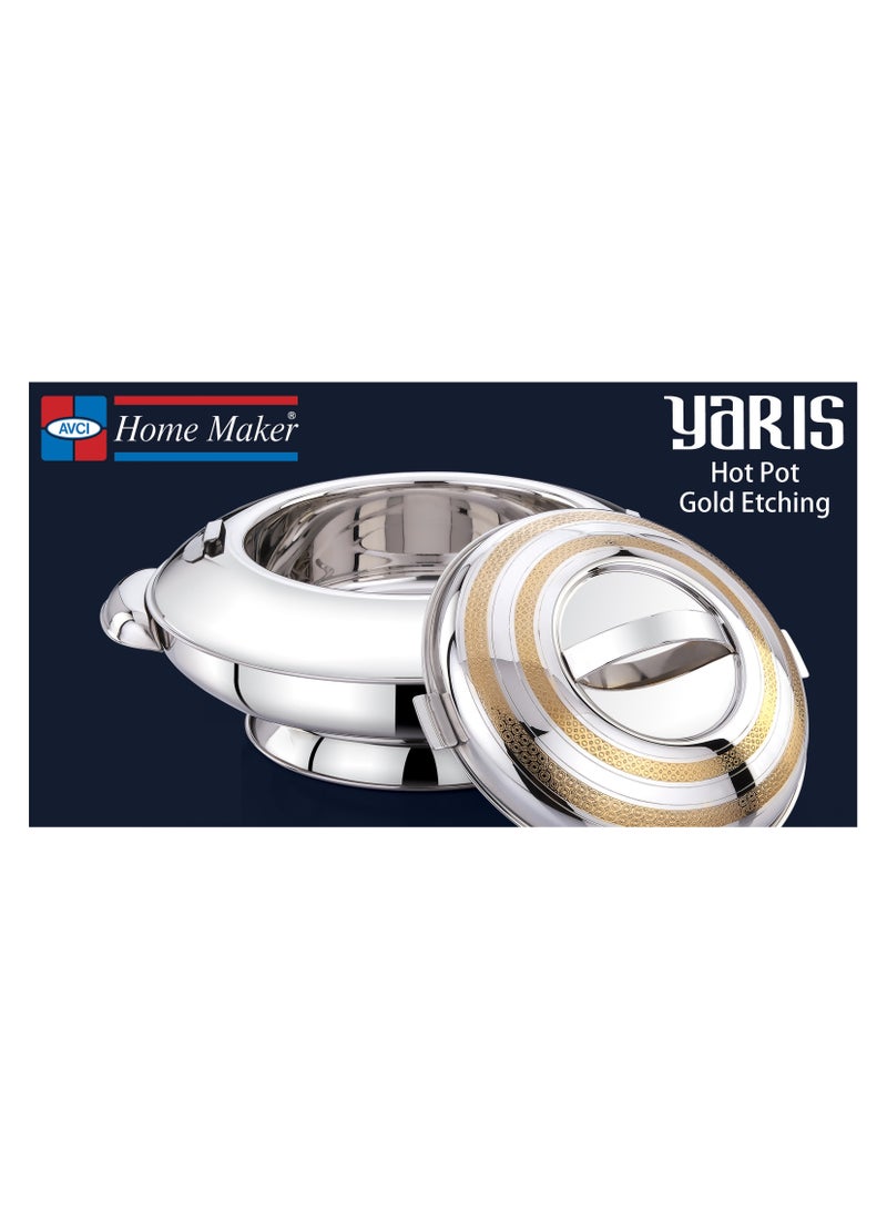 Yaris Hotpot 3500ml Capacity - Unique Locking Lid - High Quality Stainless Steel - Gold Etching & Silver